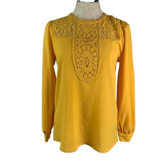 XS Halogen Gold Yellow Lace Detail Women's Blouse Long Sleeve Pullover - Picture 1 of 8